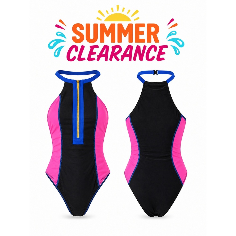 BikiniX Womens Small One Piece Swimsuit Colorblock High Neck Zip Front NIP